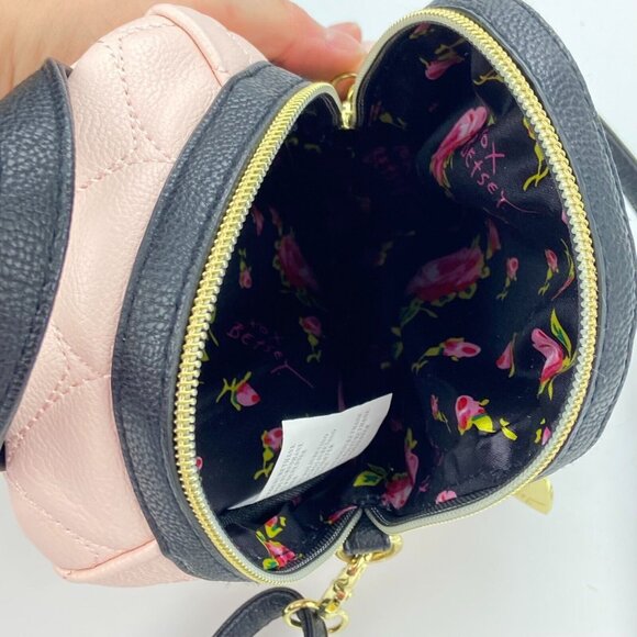 BETSEY JOHNSON Pink Black & White Striped Heart Backpack Shaped Crossbody Bag